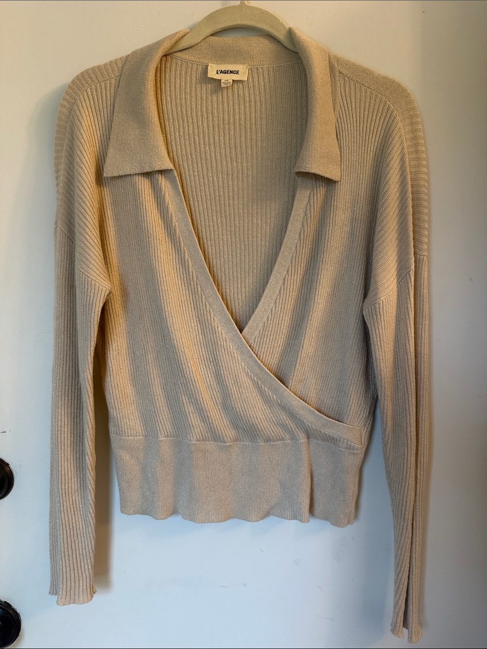 L'AGENCE Gold V-Neck Sweater Long Sleeve Knit Nari Crossover Pullover medium - Picture 2 of 5